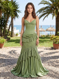 Sage Green Satin and Lace Mermaid Sweetheart Zipper Back Floor Length Dress