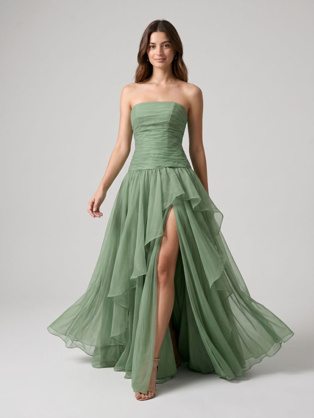 Sage Green Tulle A-Line Lace-Up Back Floor-Length Birthday Dress with Cascading Ruffles