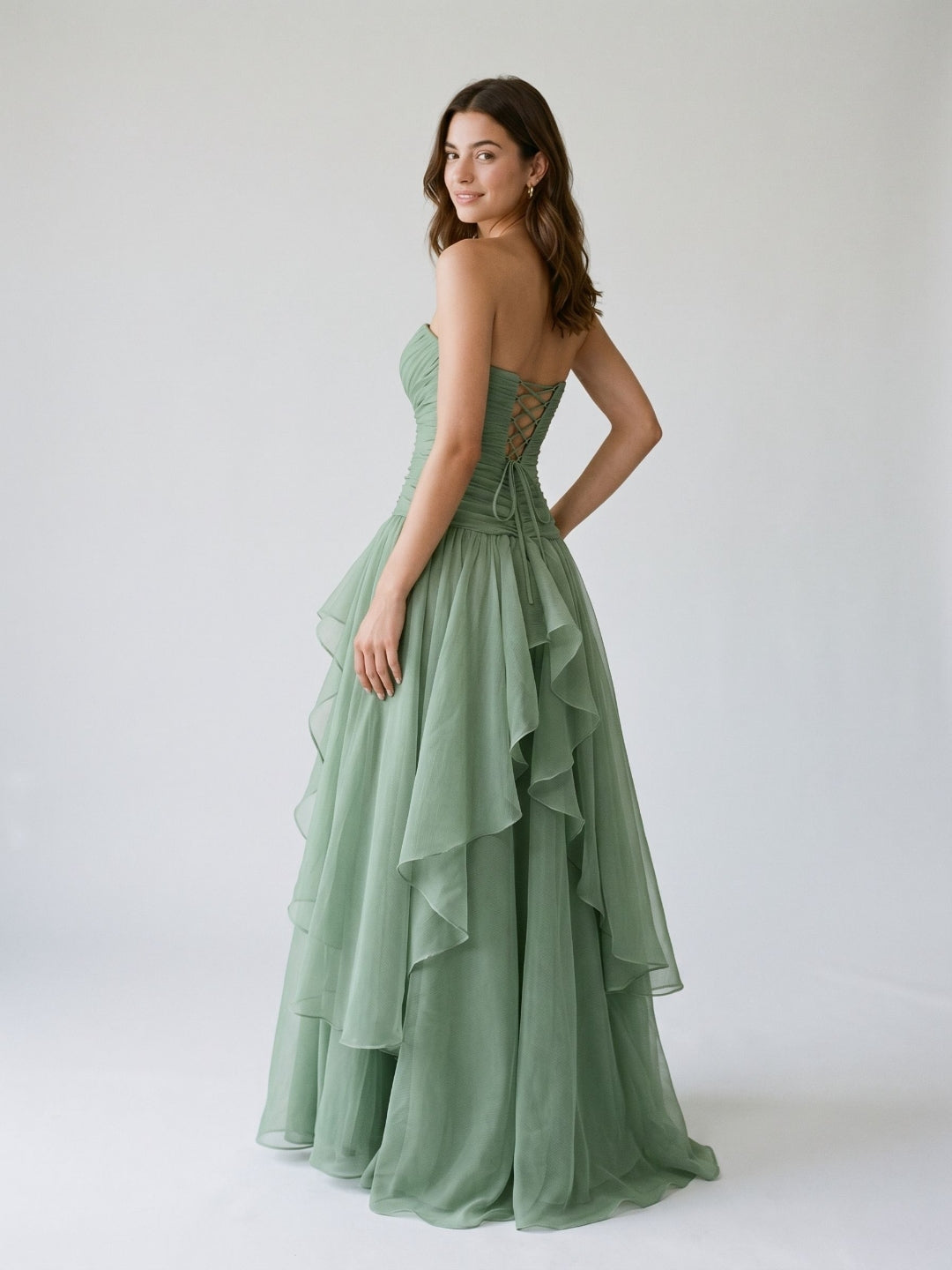 Sage Green Tulle A-Line Lace-Up Back Floor-Length Birthday Dress with Cascading Ruffles