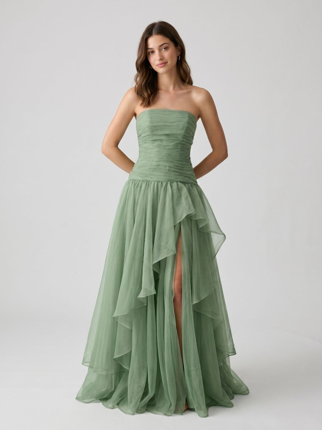 Sage Green Tulle A-Line Lace-Up Back Floor-Length Birthday Dress with Cascading Ruffles