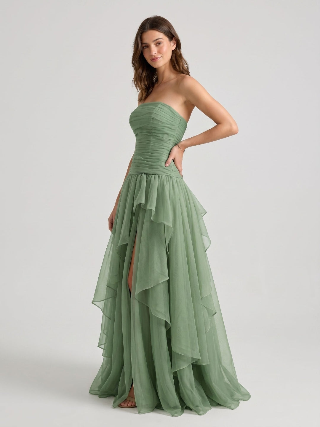 Sage Green Tulle A-Line Lace-Up Back Floor-Length Birthday Dress with Cascading Ruffles
