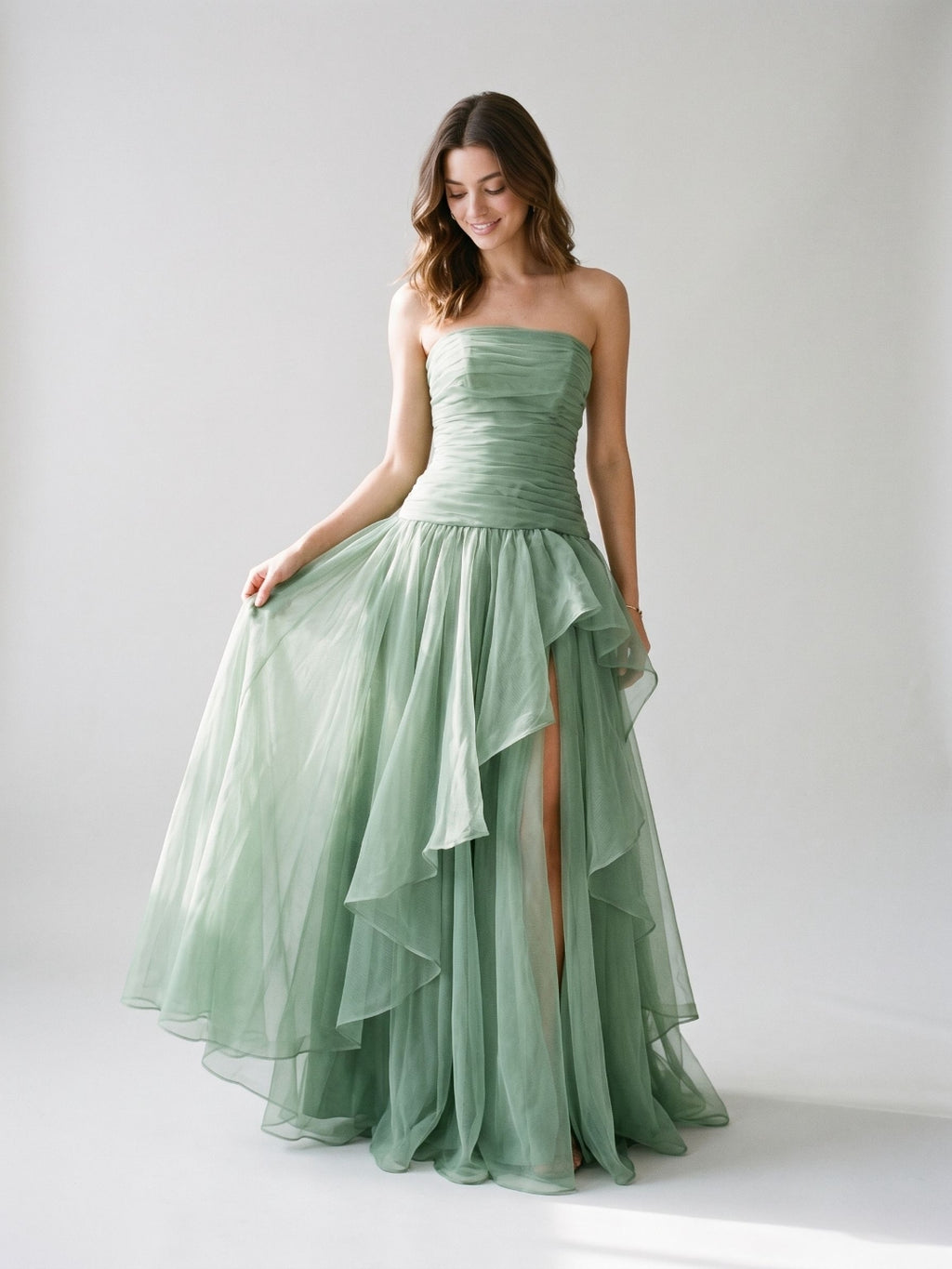 Sage Green Tulle A-Line Lace-Up Back Floor-Length Birthday Dress with Cascading Ruffles