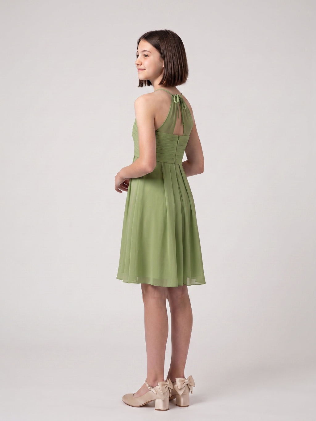 Sage Chiffon A-Line Halter neckline Back Zip Knee-Length with Pleating