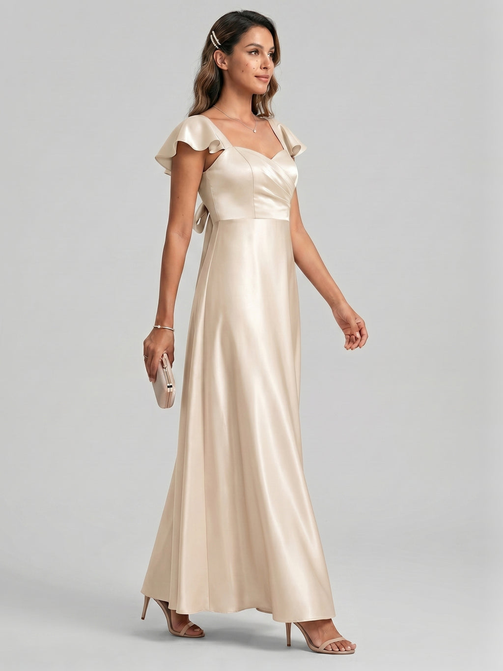 Coquette Sand Satin A-Line Square Neck Backless Ankle-Length Bridesmaid Dress