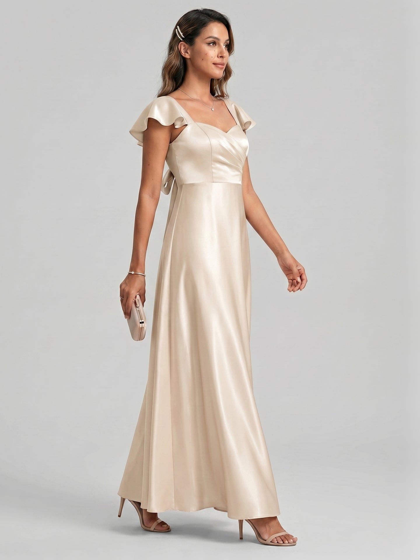 Coquette Sand Satin A-Line Square Neck Backless Ankle-Length Bridesmaid Dress