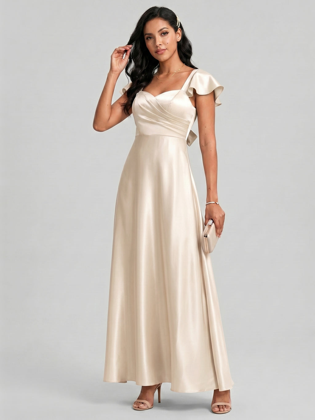 Coquette Sand Satin A-Line Square Neck Backless Ankle-Length Bridesmaid Dress