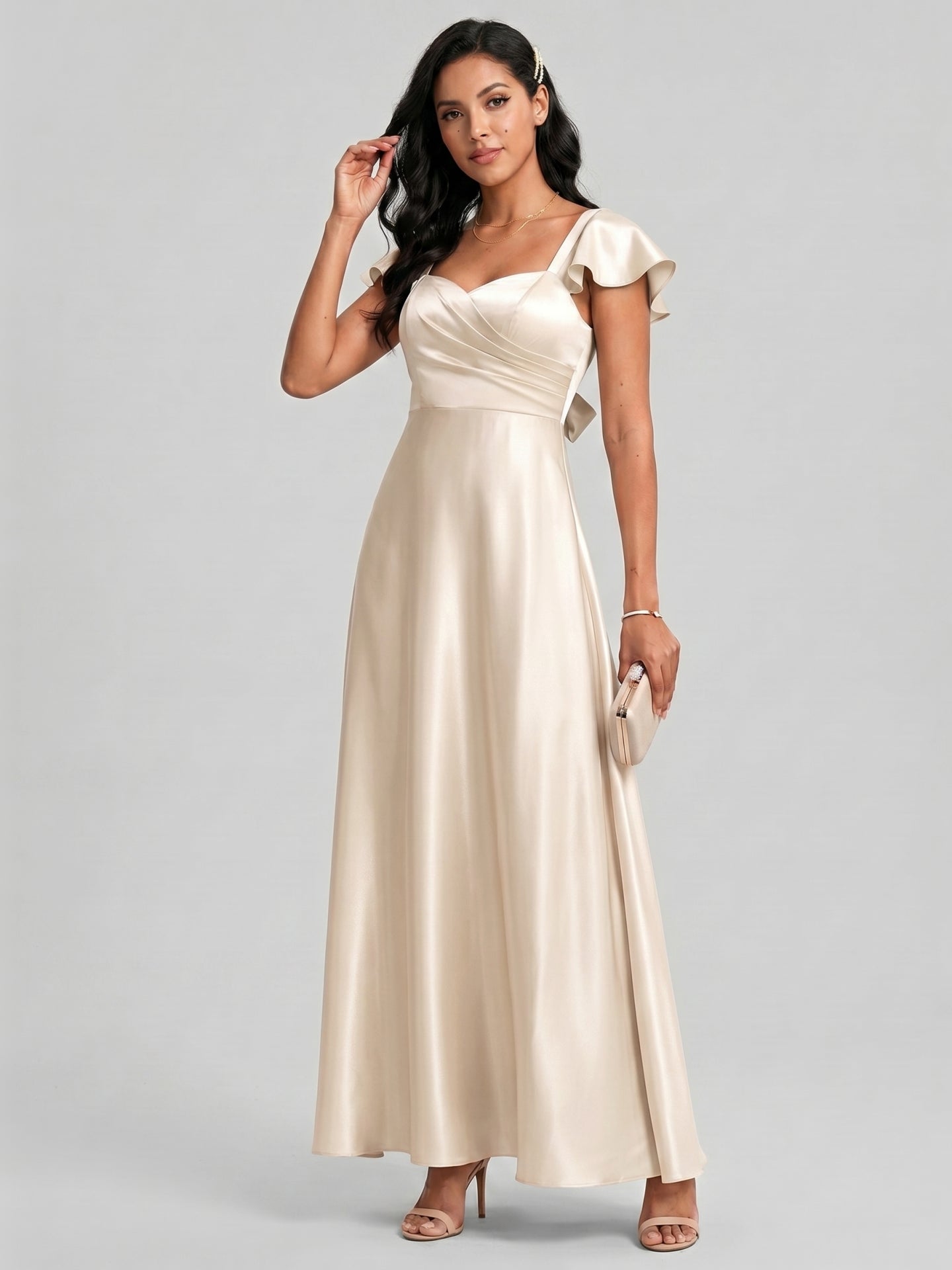 Coquette Sand Satin A-Line Square Neck Backless Ankle-Length Bridesmaid Dress