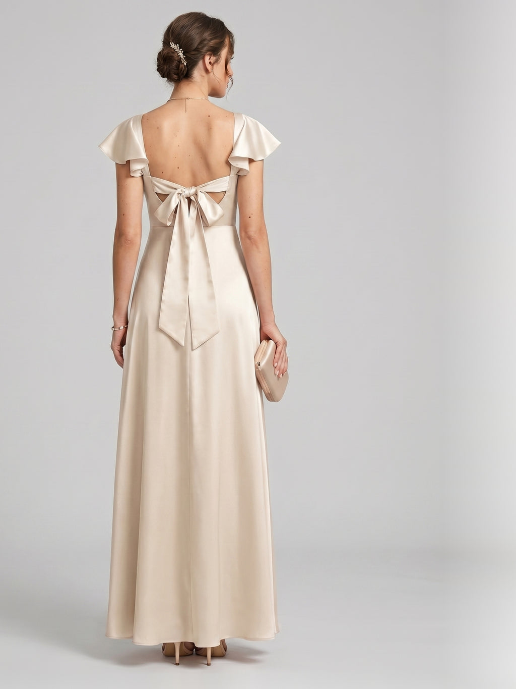 Coquette Sand Satin A-Line Square Neck Backless Ankle-Length Bridesmaid Dress