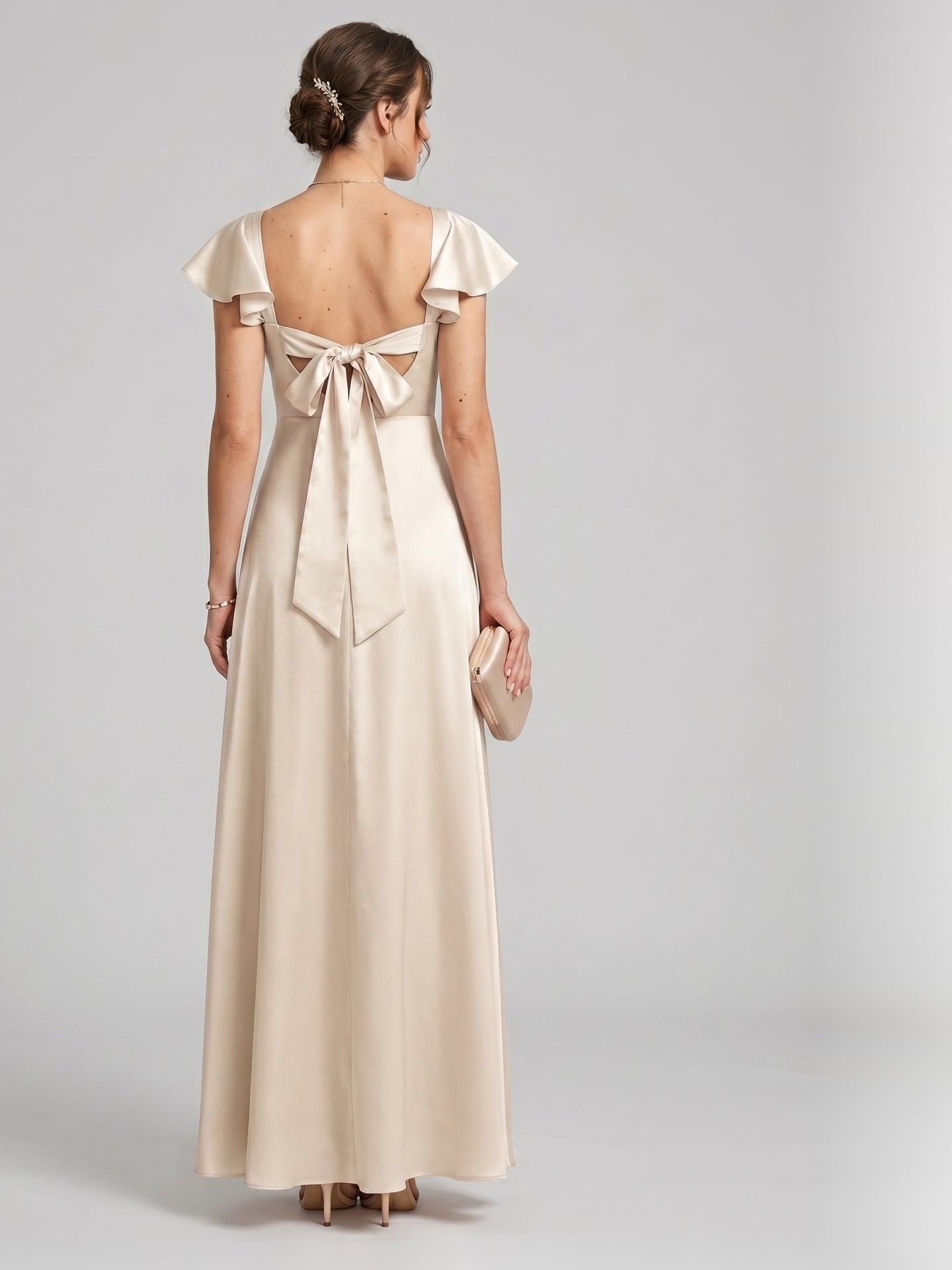 Coquette Sand Satin A-Line Square Neck Backless Ankle-Length Bridesmaid Dress