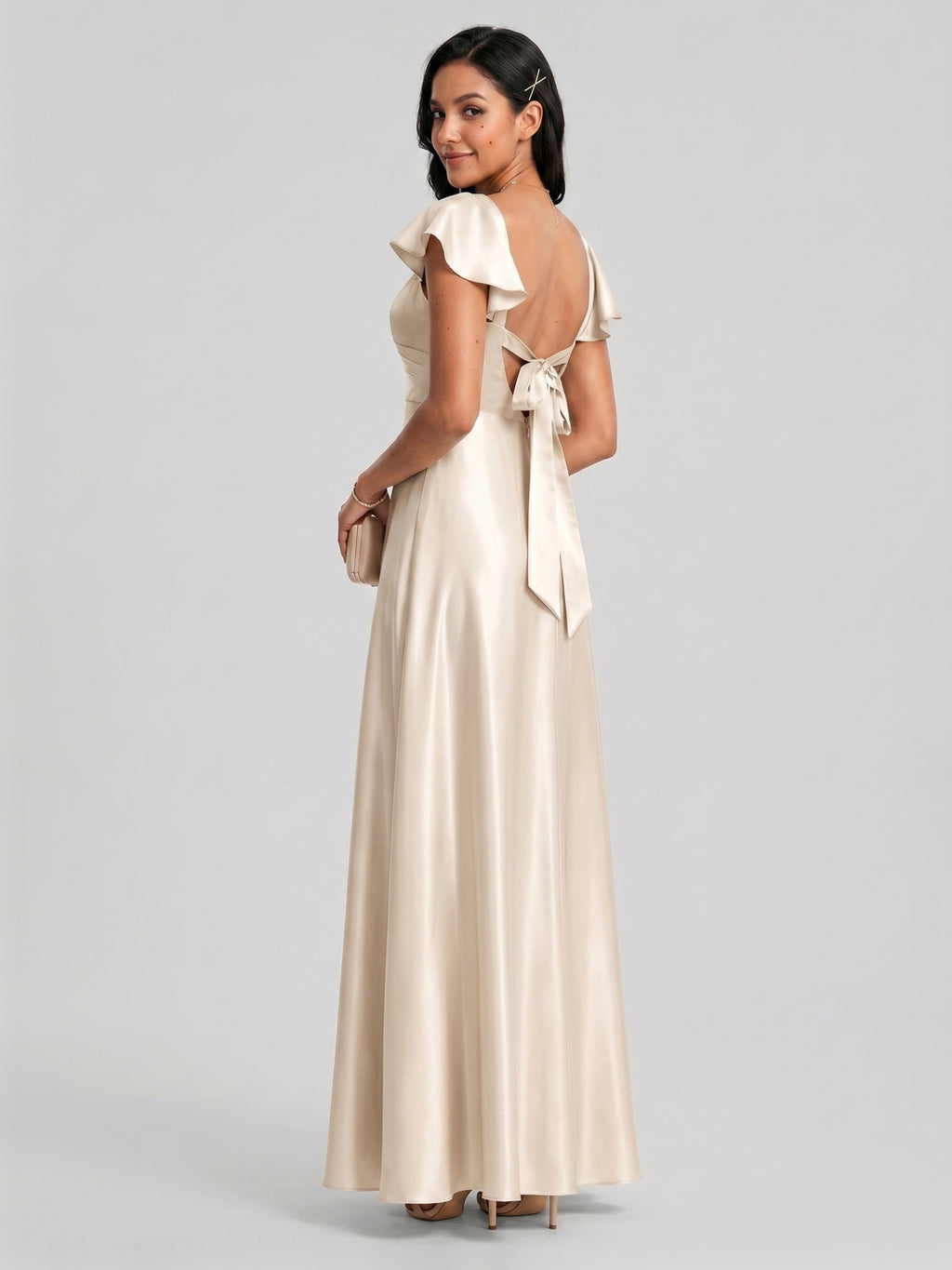 Coquette Sand Satin A-Line Square Neck Backless Ankle-Length Bridesmaid Dress
