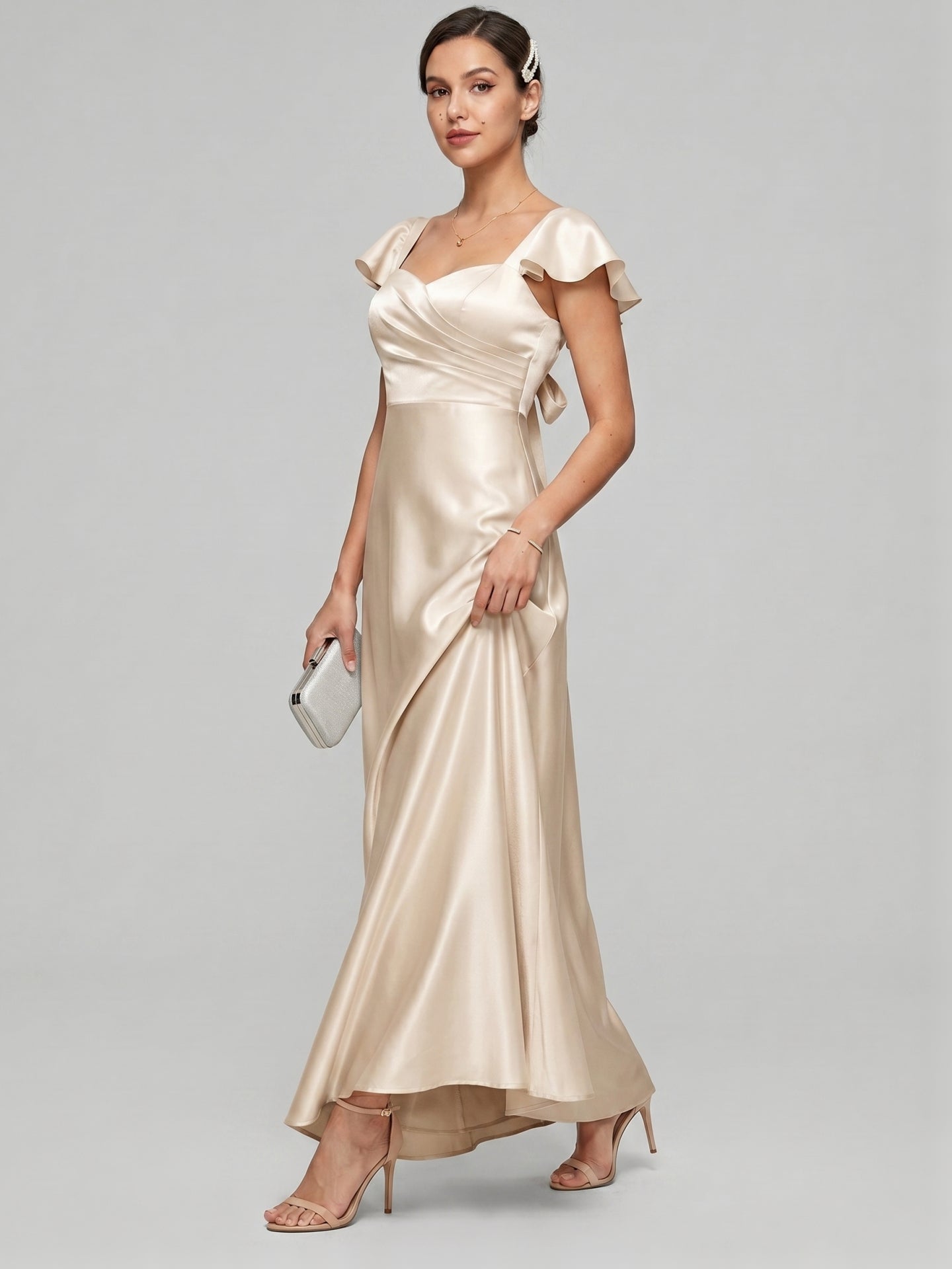Coquette Sand Satin A-Line Square Neck Backless Ankle-Length Bridesmaid Dress
