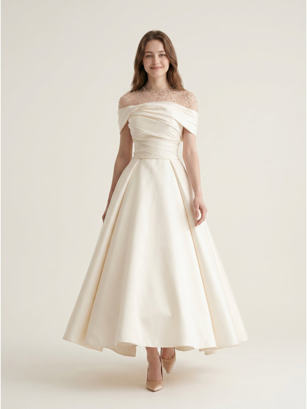 Sand Matte Satin A-Line Off-the-Shoulder Backless Floor-Length Evening Gown with Beading