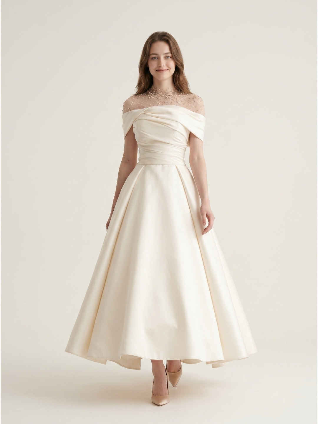 Sand Matte Satin A-Line Off-the-Shoulder Backless Floor-Length Evening Gown with Beading