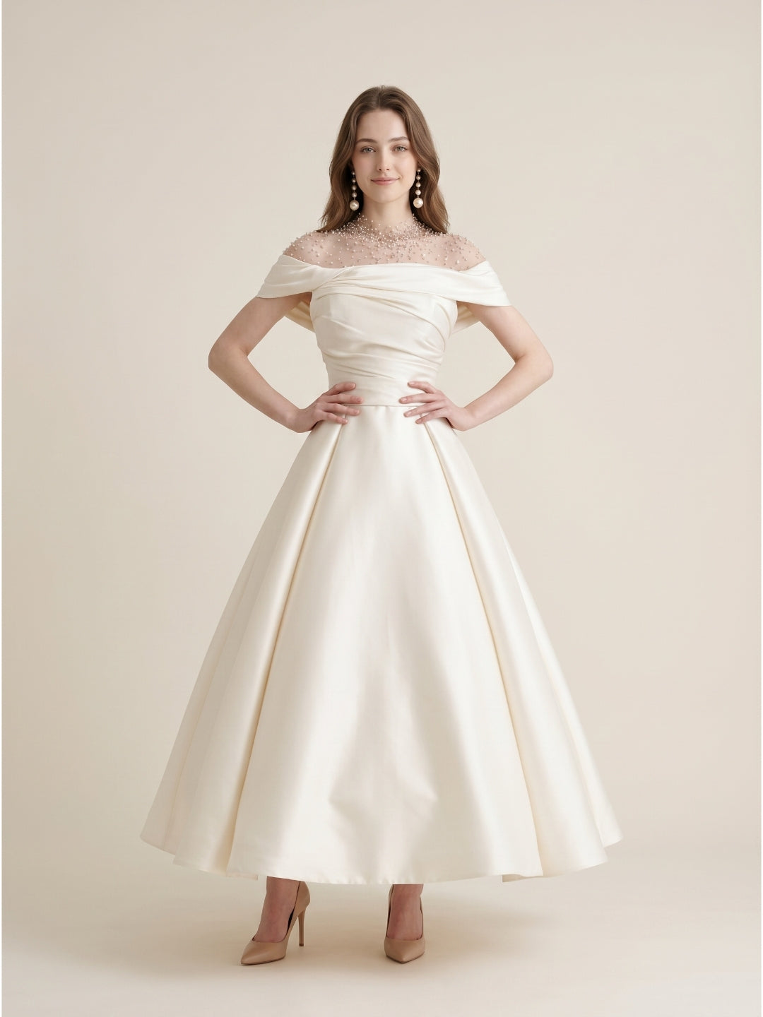 Sand Matte Satin A-Line Off-the-Shoulder Backless Floor-Length Evening Gown with Beading