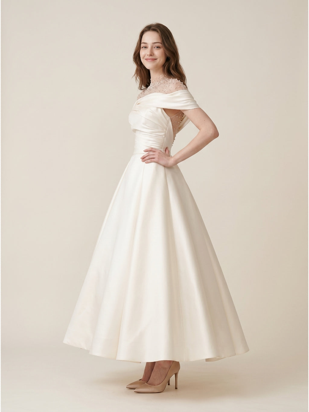 Sand Matte Satin A-Line Off-the-Shoulder Backless Floor-Length Evening Gown with Beading