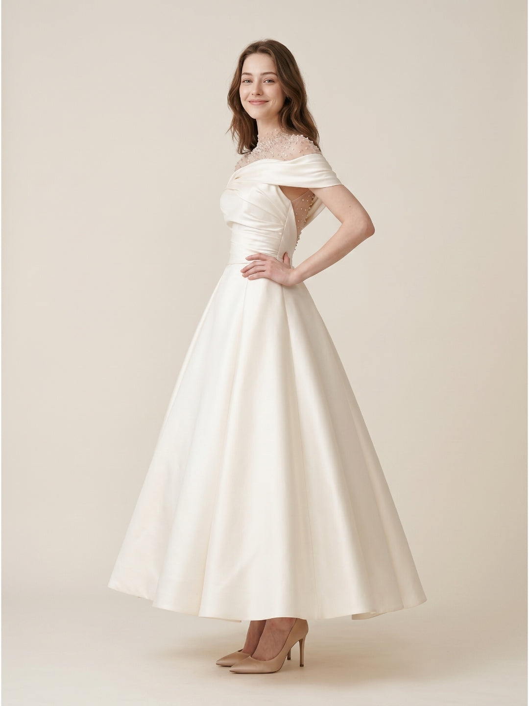 Sand Matte Satin A-Line Off-the-Shoulder Backless Floor-Length Evening Gown with Beading