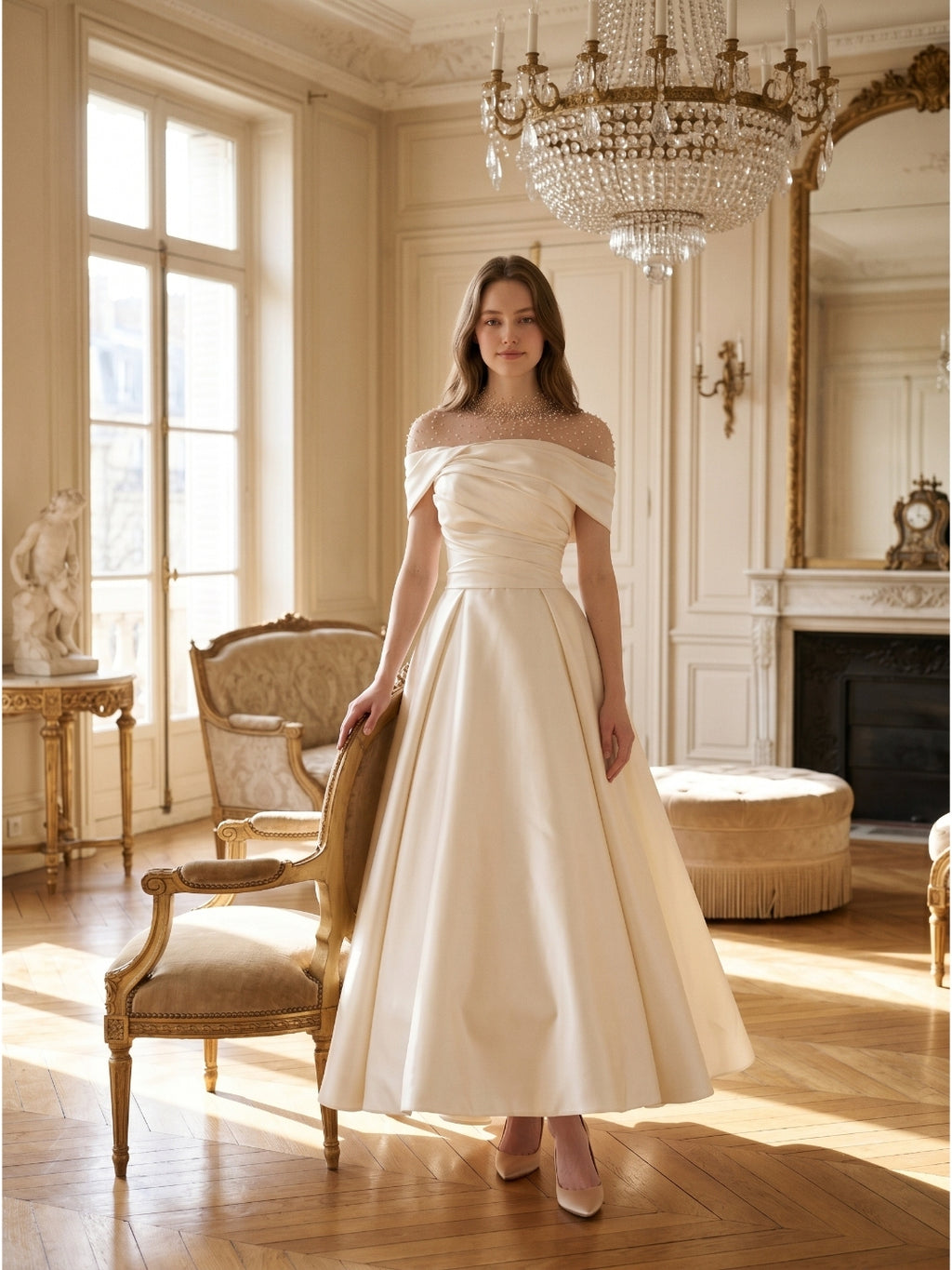 Sand Matte Satin A-Line Off-the-Shoulder Backless Floor-Length Evening Gown with Beading