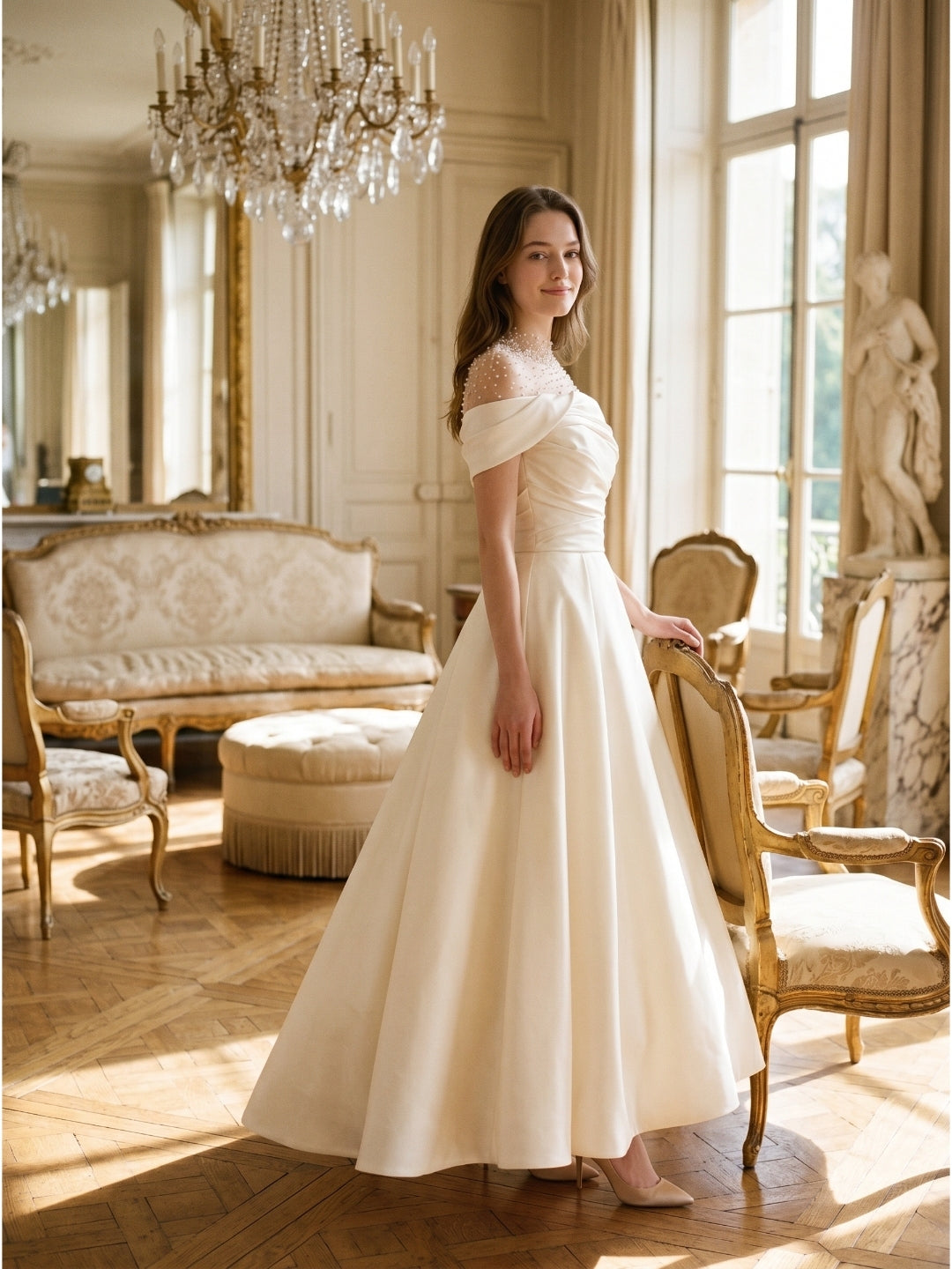 Sand Matte Satin A-Line Off-the-Shoulder Backless Floor-Length Evening Gown with Beading