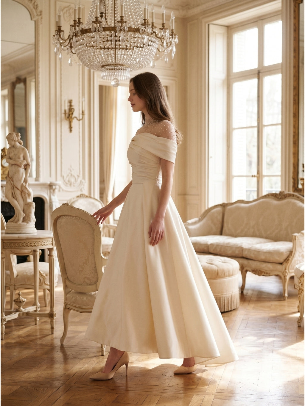 Sand Matte Satin A-Line Off-the-Shoulder Backless Floor-Length Evening Gown with Beading