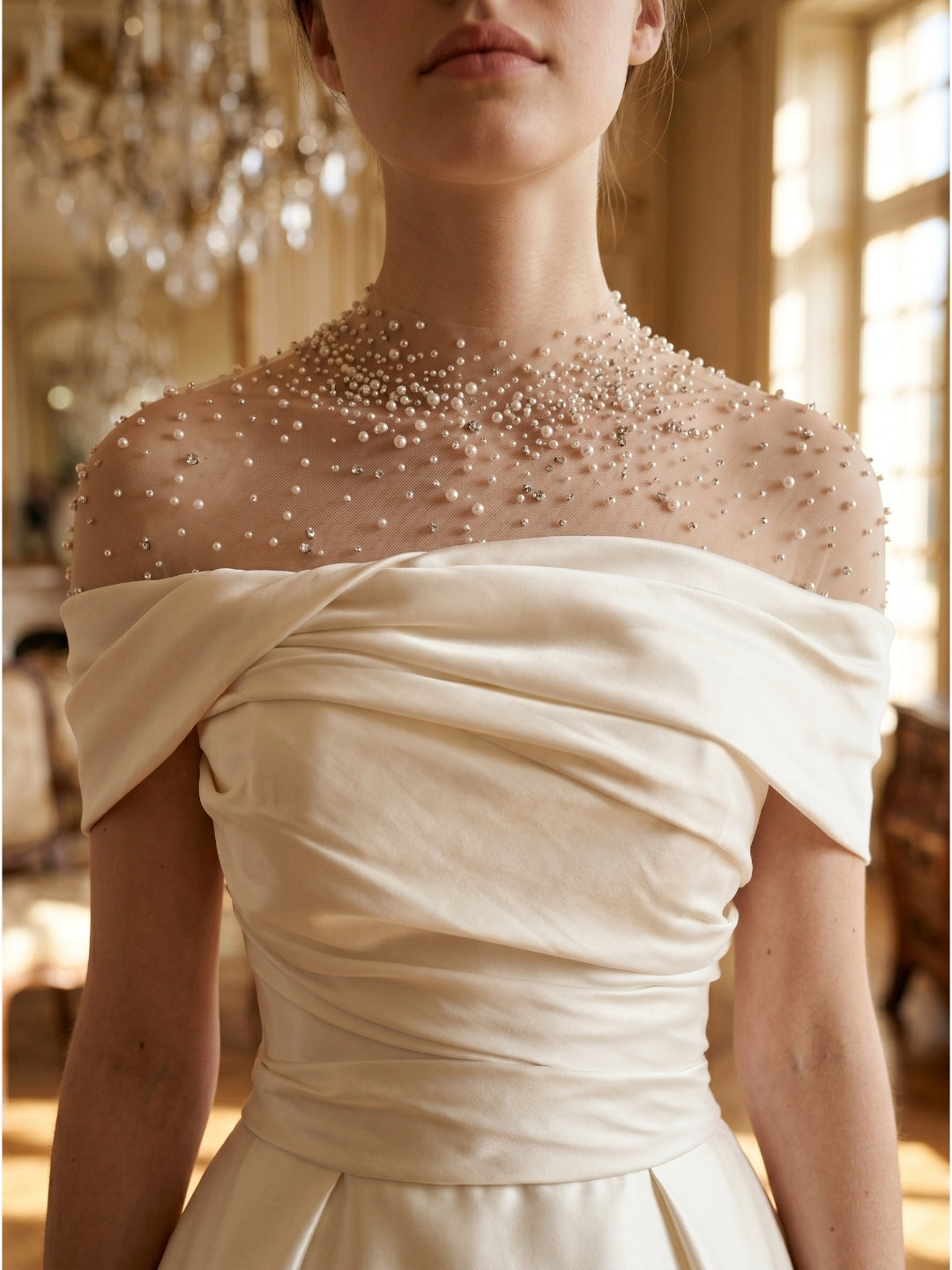 Sand Matte Satin A-Line Off-the-Shoulder Backless Floor-Length Evening Gown with Beading