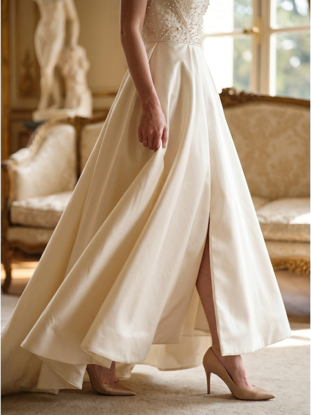 Sand Matte Satin A-Line Off-the-Shoulder Backless Floor-Length Evening Gown with Beading