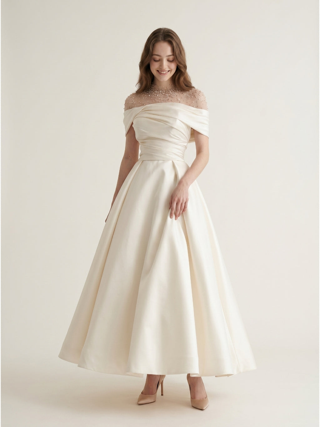 Sand Matte Satin A-Line Off-the-Shoulder Backless Floor-Length Evening Gown with Beading