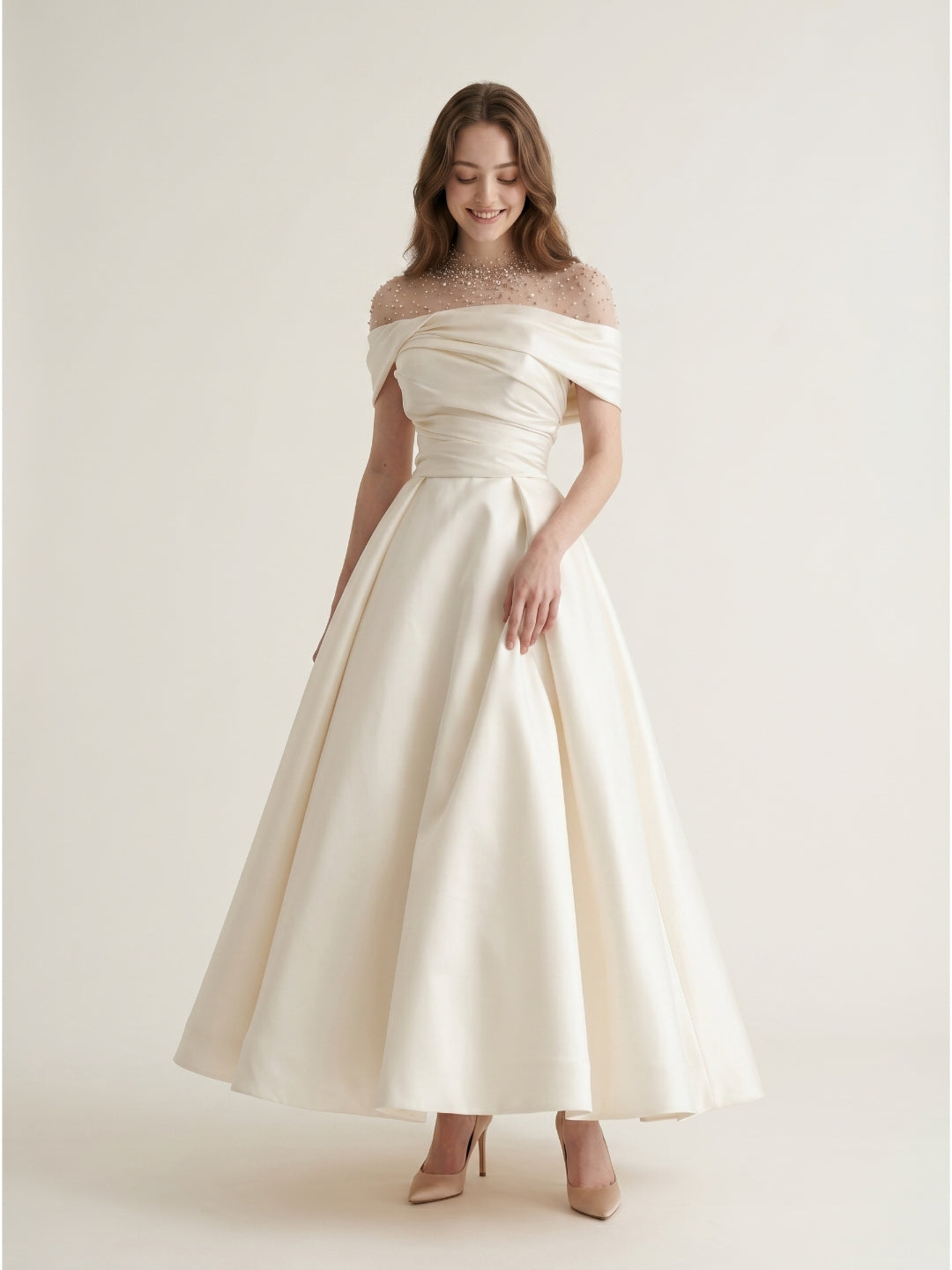 Sand Matte Satin A-Line Off-the-Shoulder Backless Floor-Length Evening Gown with Beading