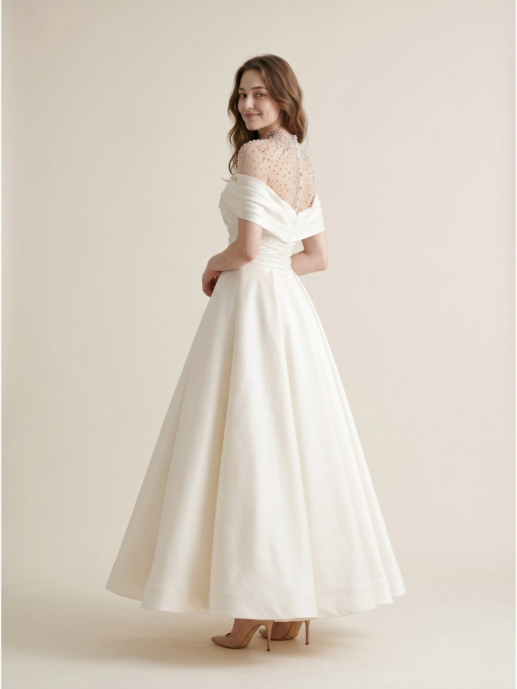 Sand Matte Satin A-Line Off-the-Shoulder Backless Floor-Length Evening Gown with Beading