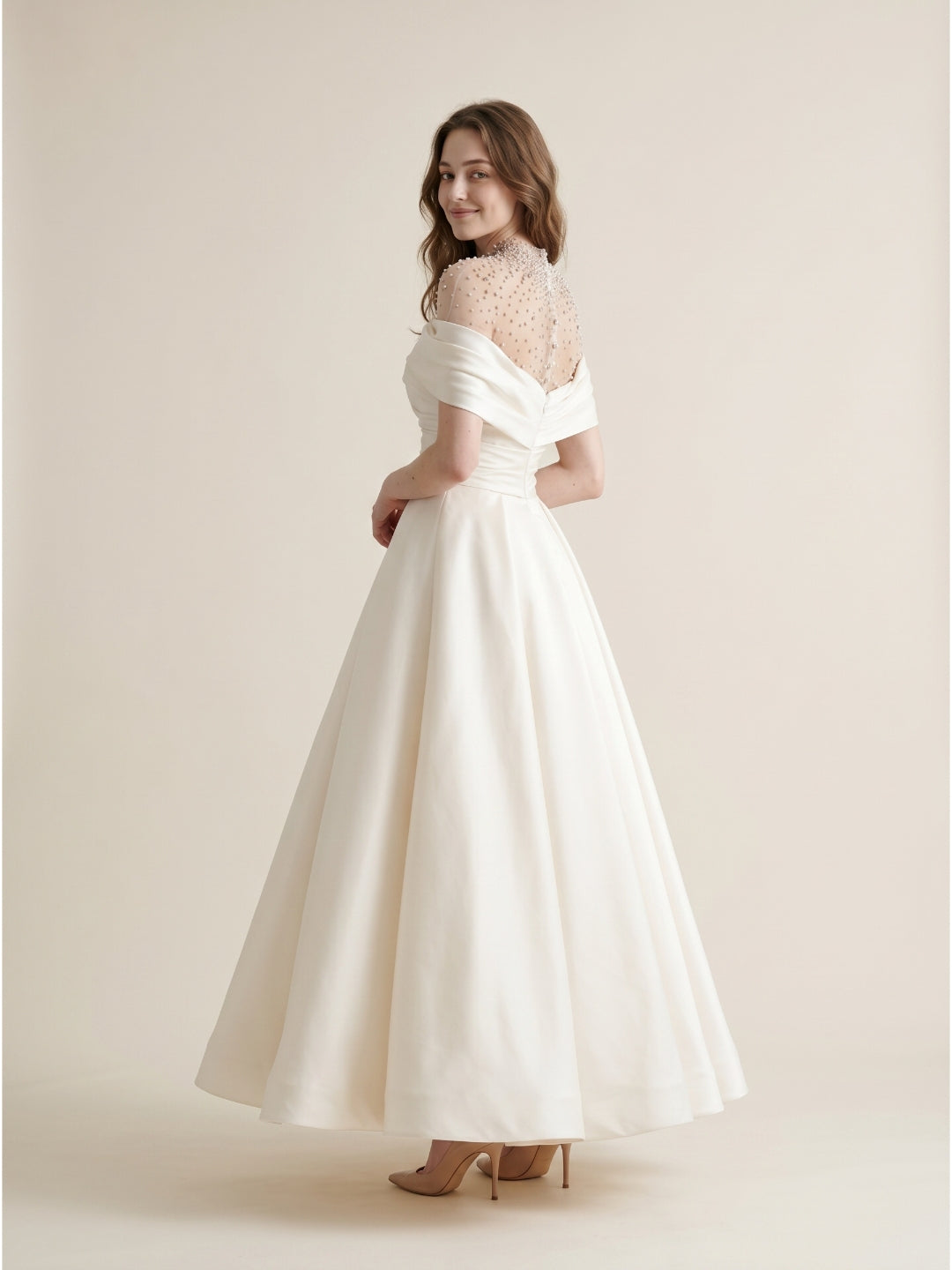 Sand Matte Satin A-Line Off-the-Shoulder Backless Floor-Length Evening Gown with Beading