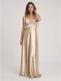 Sand Satin A-Line Square Neck Floor-Length Bridesmaid Dress