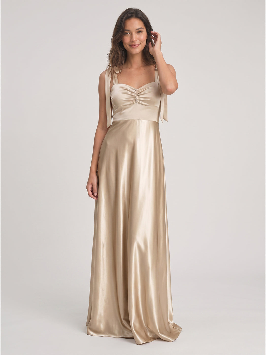 Sand Satin A-Line Square Neck Floor-Length Bridesmaid Dress