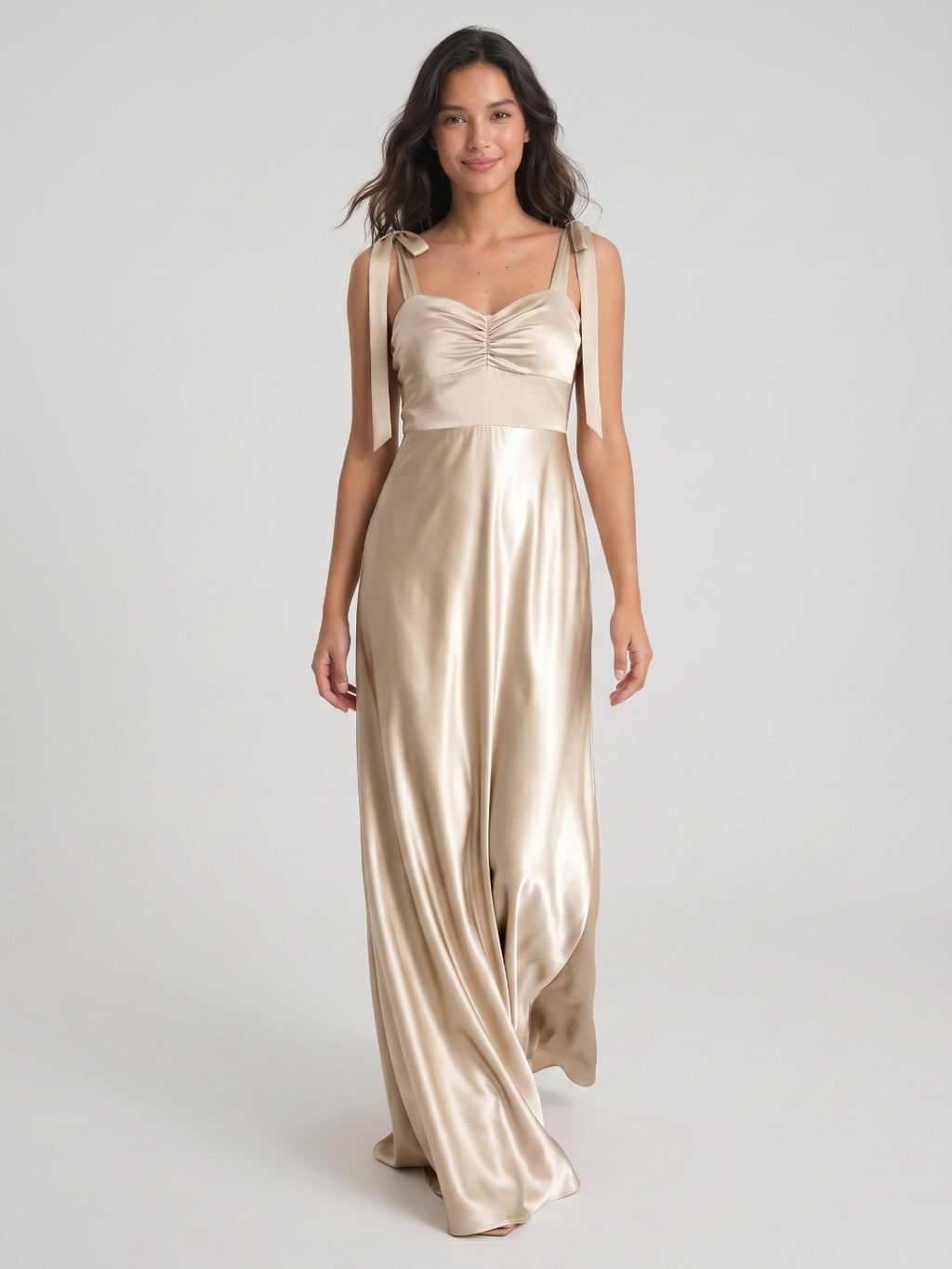 Sand Satin A-Line Square Neck Floor-Length Bridesmaid Dress