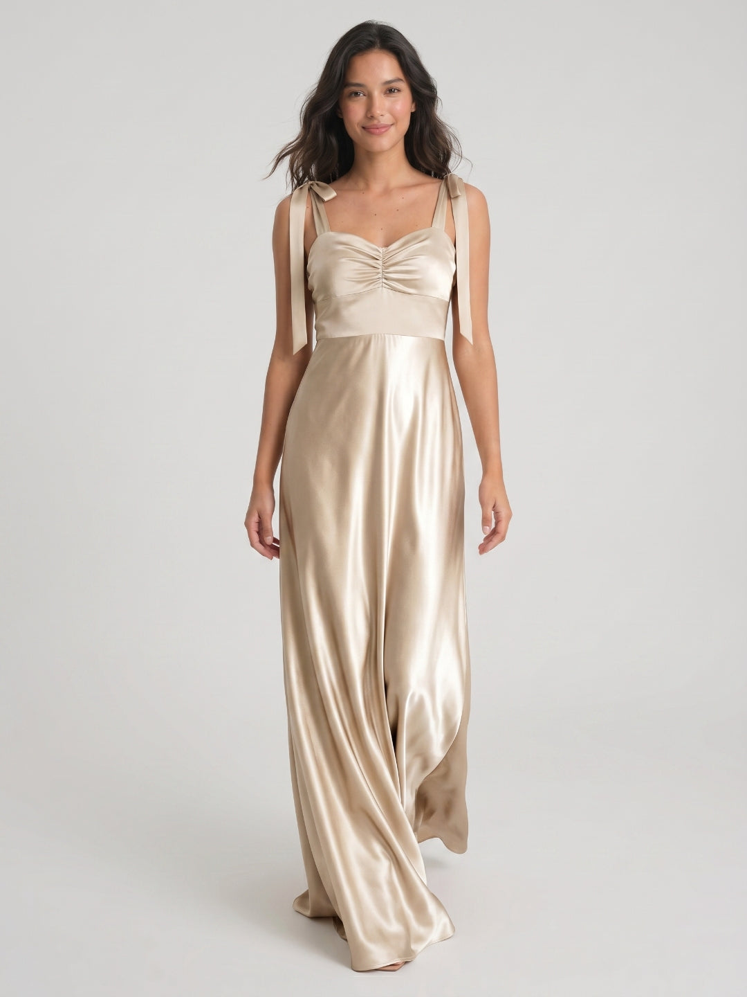Sand Satin A-Line Square Neck Floor-Length Bridesmaid Dress