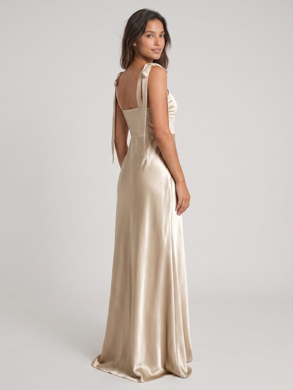 Sand Satin A-Line Square Neck Floor-Length Bridesmaid Dress