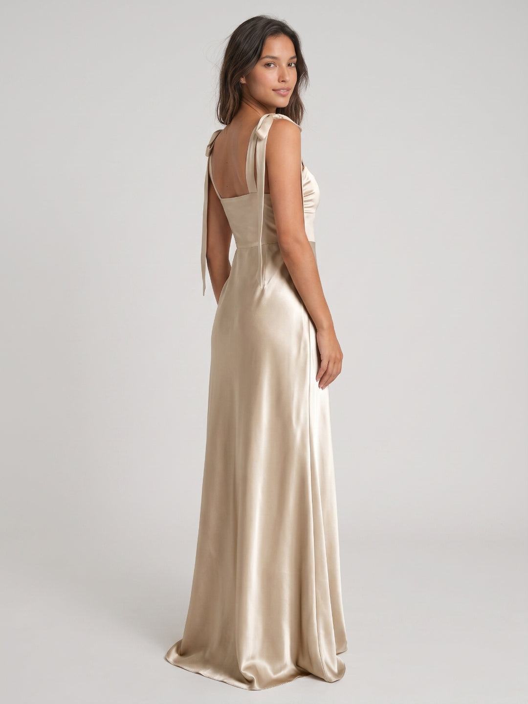 Sand Satin A-Line Square Neck Floor-Length Bridesmaid Dress