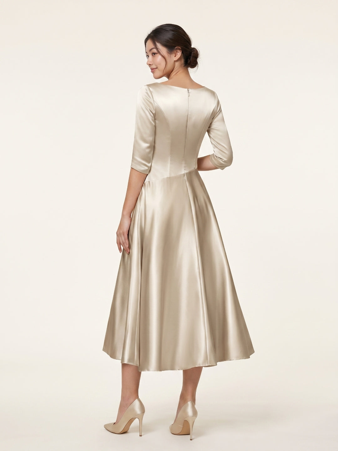Sand Satin A-Line V-Neck Back Zip Tea-Length Mother of the Bride Dress with Pleats