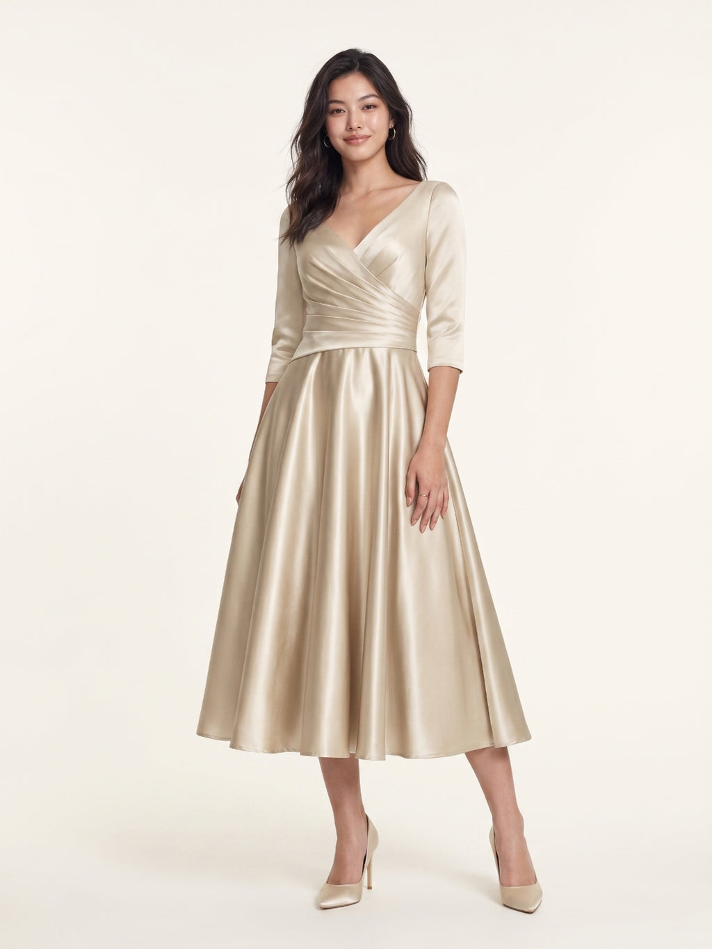 Sand Satin A-Line V-Neck Back Zip Tea-Length Mother of the Bride Dress with Pleats