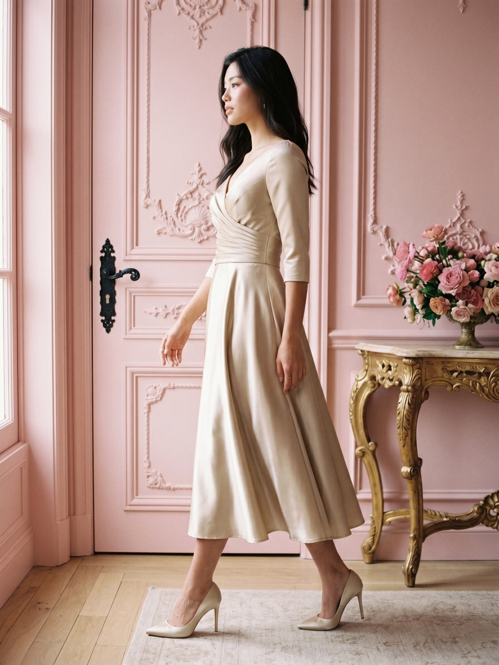 Sand Satin A-Line V-Neck Back Zip Tea-Length Mother of the Bride Dress with Pleats