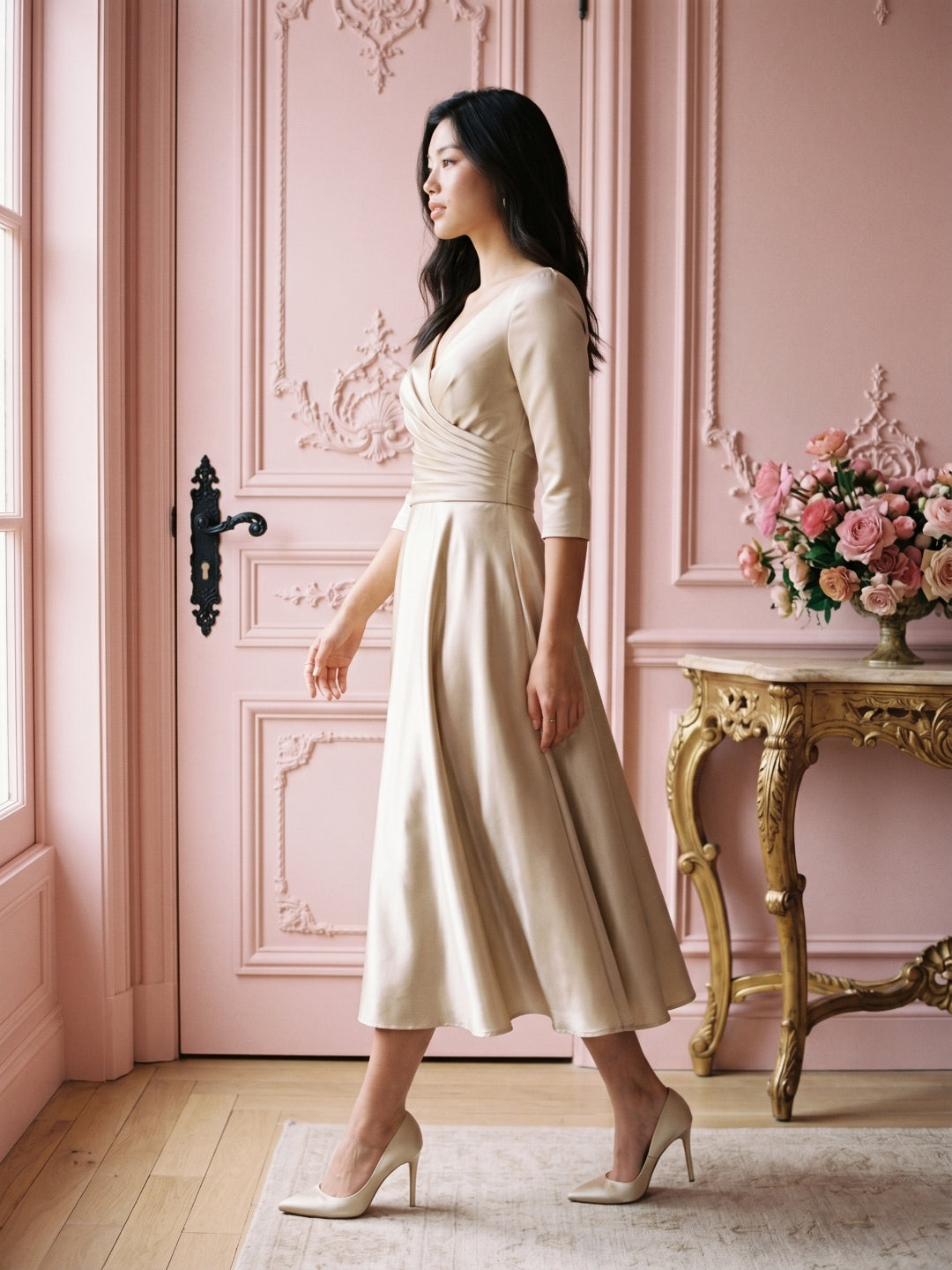 Sand Satin A-Line V-Neck Back Zip Tea-Length Mother of the Bride Dress with Pleats