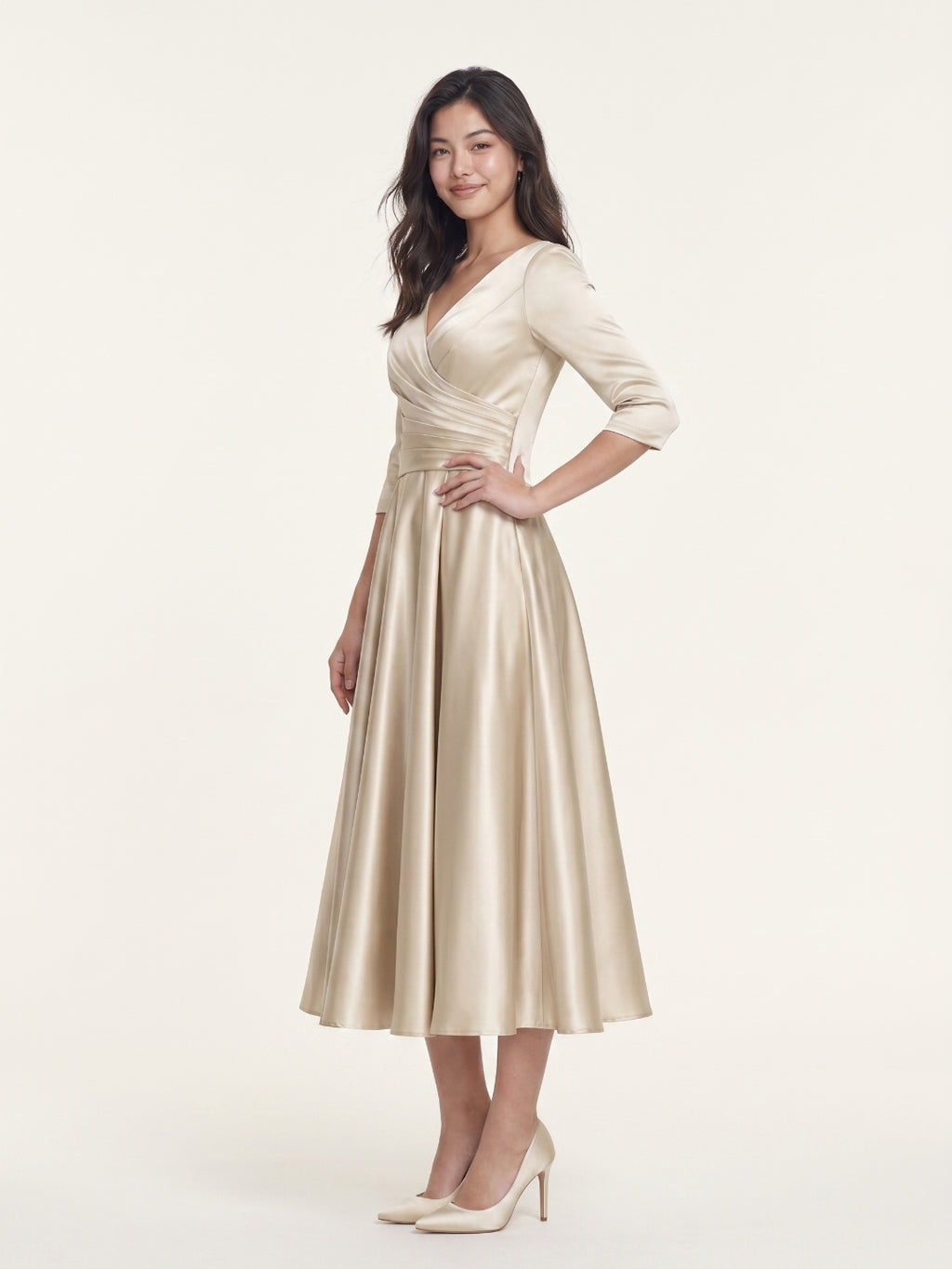 Sand Satin A-Line V-Neck Back Zip Tea-Length Mother of the Bride Dress with Pleats