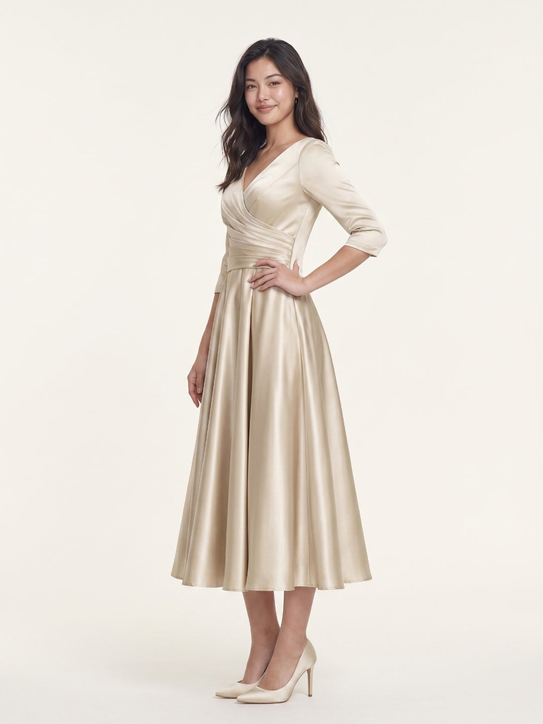 Sand Satin A-Line V-Neck Back Zip Tea-Length Mother of the Bride Dress with Pleats