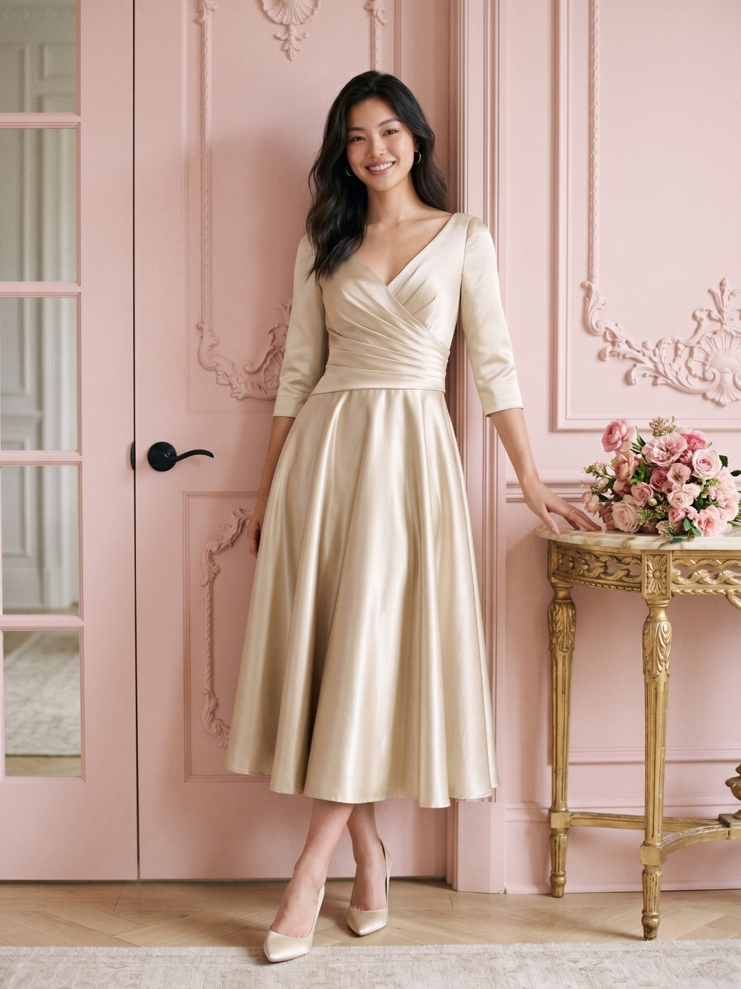 Sand Satin A-Line V-Neck Back Zip Tea-Length Mother of the Bride Dress with Pleats