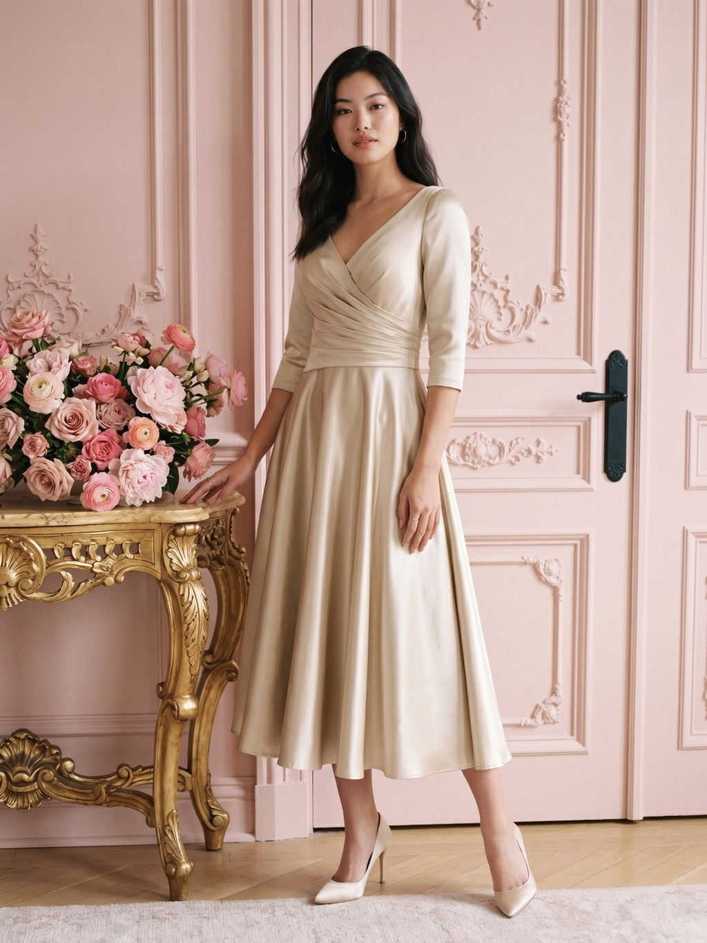 Sand Satin A-Line V-Neck Back Zip Tea-Length Mother of the Bride Dress with Pleats