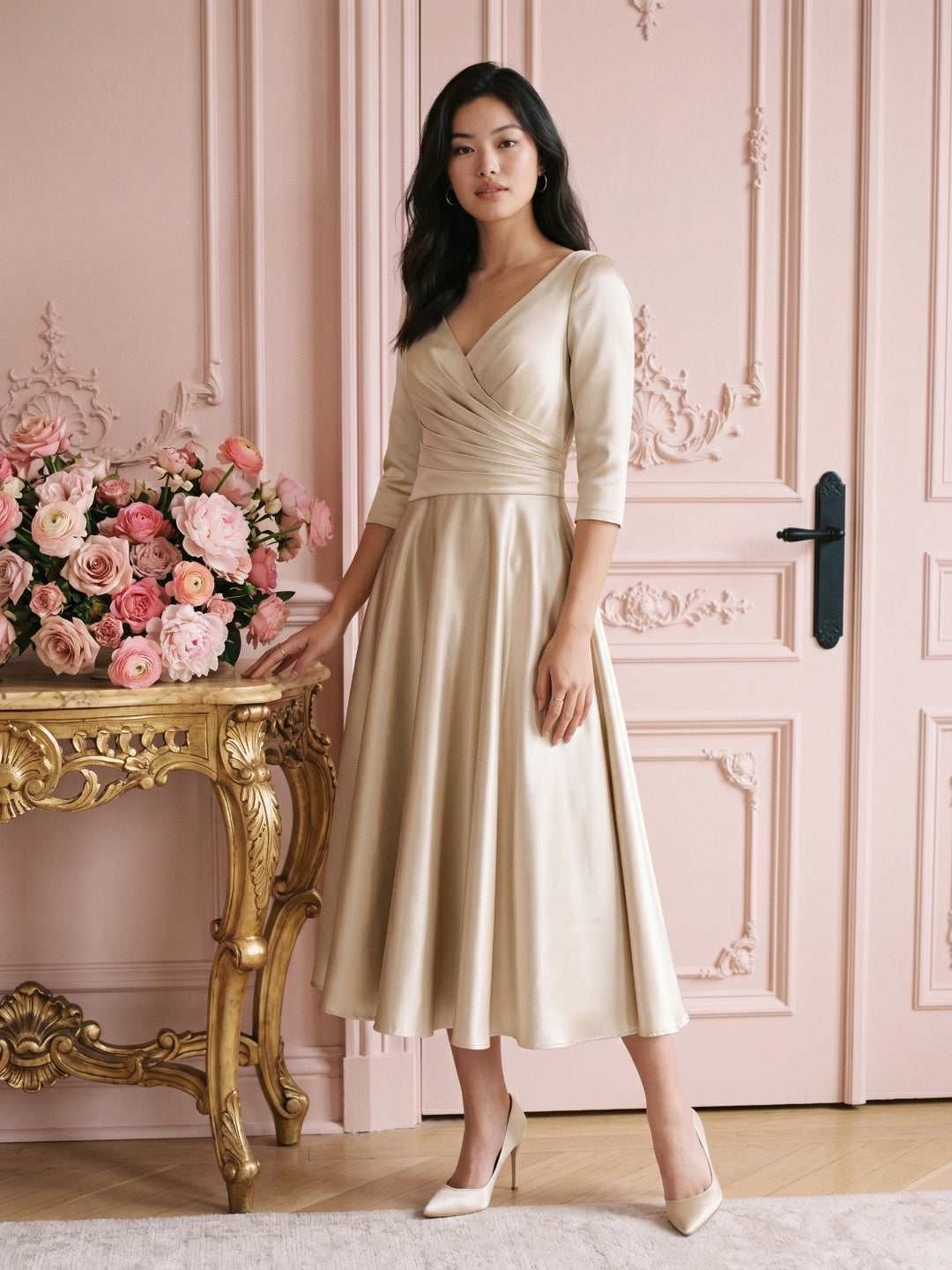 Sand Satin A-Line V-Neck Back Zip Tea-Length Mother of the Bride Dress with Pleats