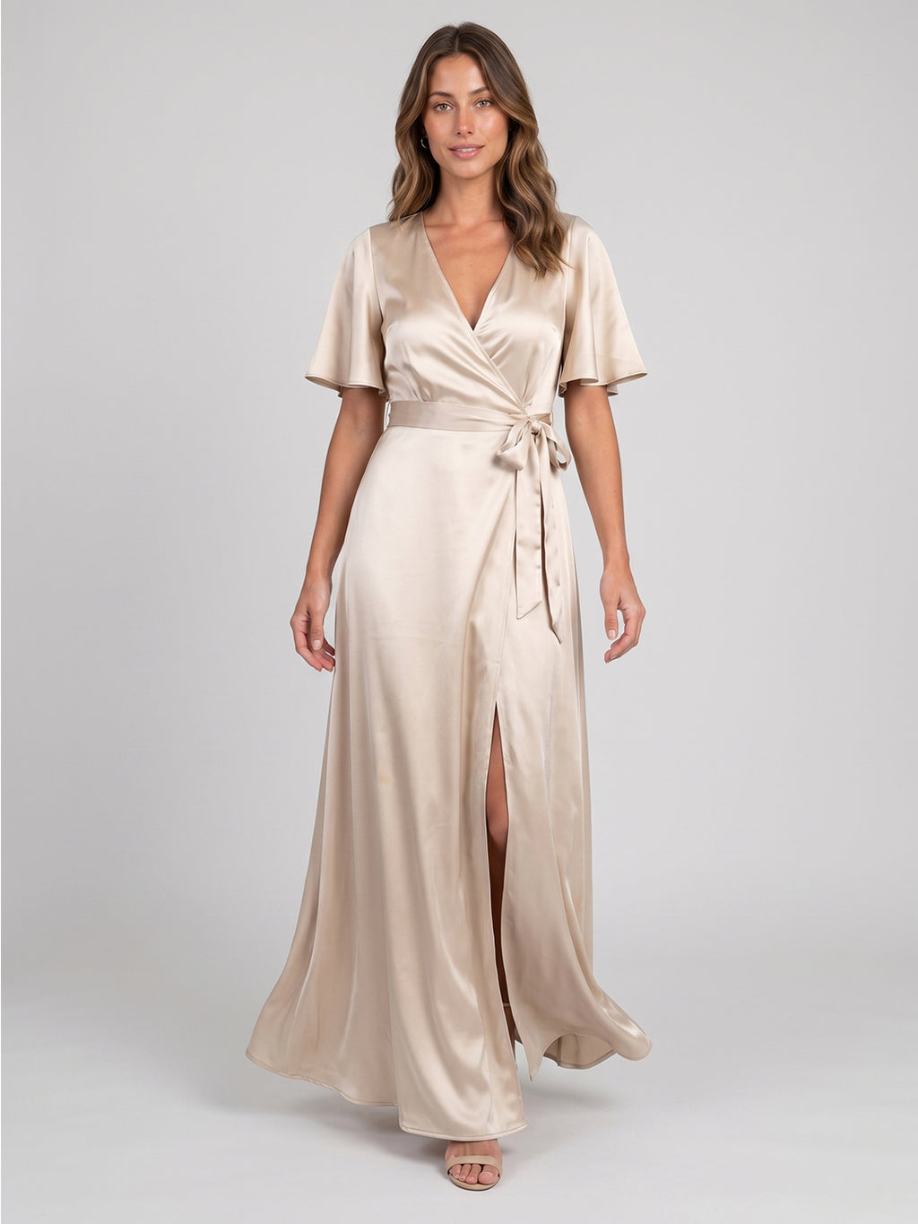 Sand Satin A-Line V-Neck Floor-Length Bridesmaid Dress
