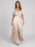 Sand Satin A-Line V-Neck Floor-Length Bridesmaid Dress