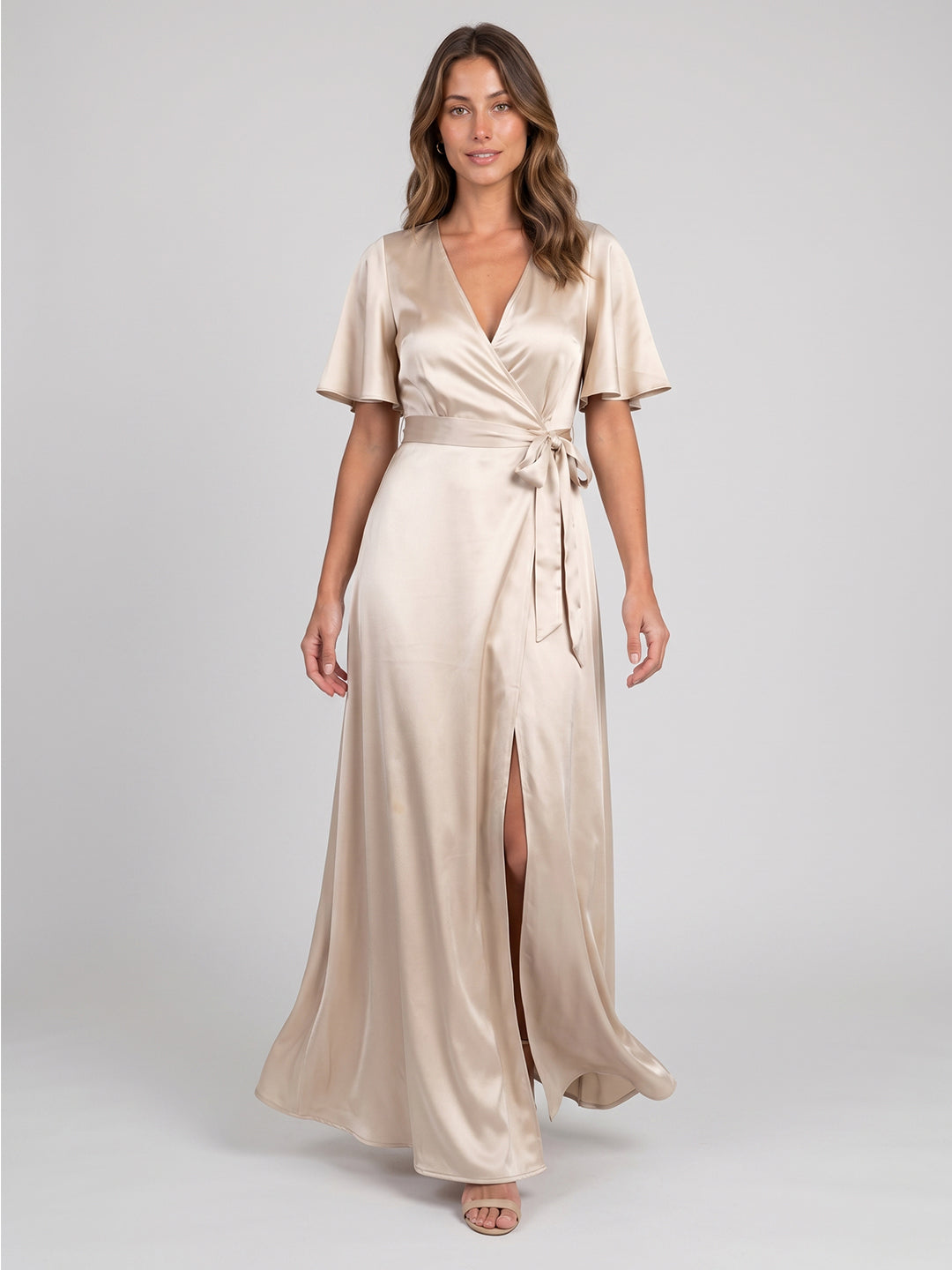Sand Satin A-Line V-Neck Floor-Length Bridesmaid Dress