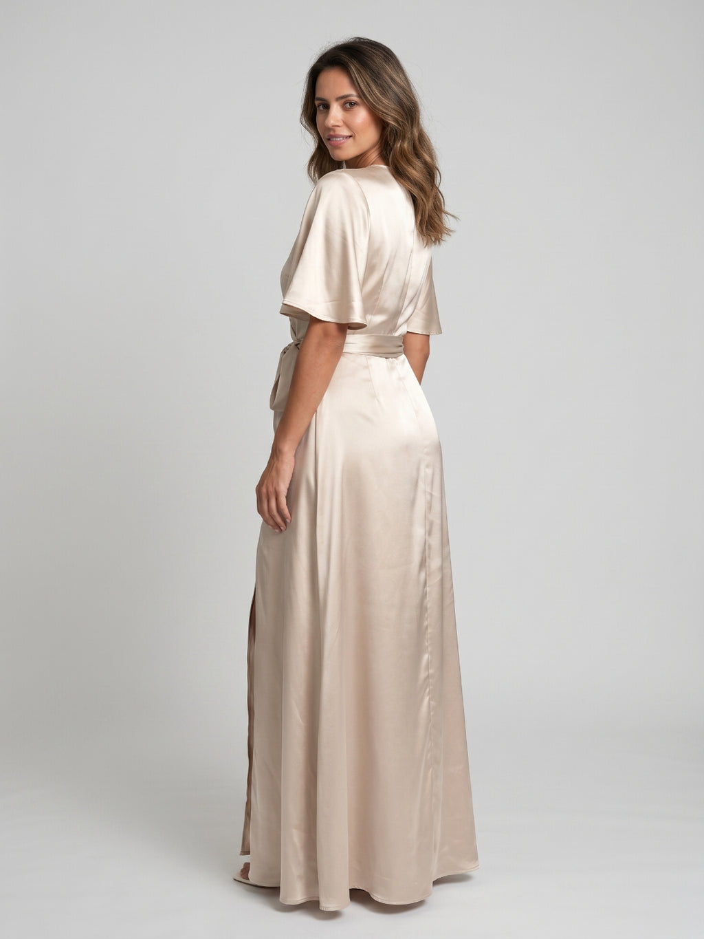 Sand Satin A-Line V-Neck Floor-Length Bridesmaid Dress