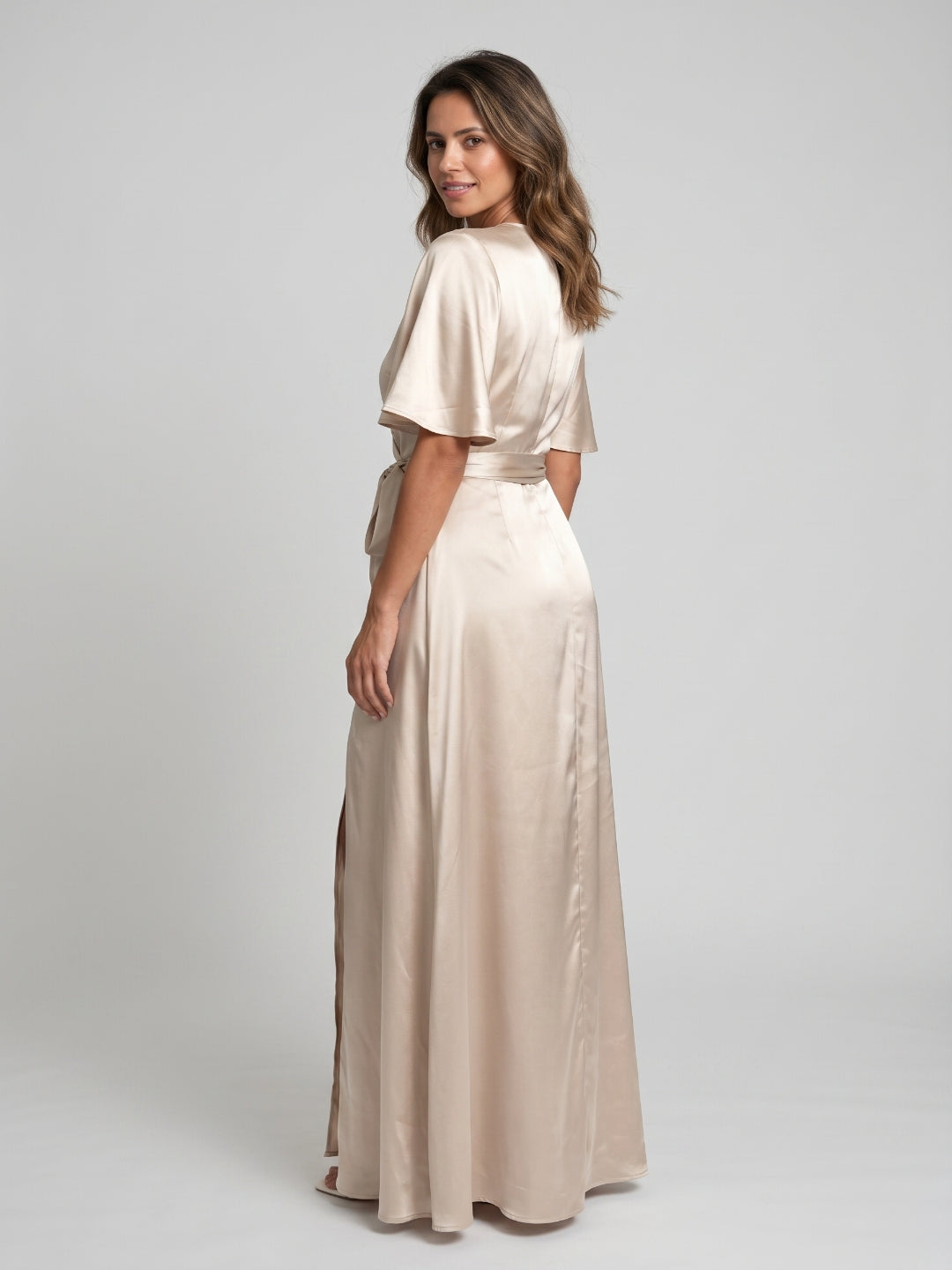 Sand Satin A-Line V-Neck Floor-Length Bridesmaid Dress