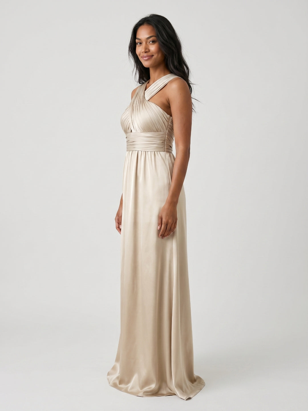 Sand Satin A-Line V-Neck Floor-Length Bridesmaid Dress